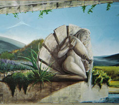 détail d'une fresque de 12m2 rélalisée à castillon la bataille, en bord de piscine