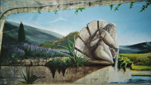 Fresque , mur peint, pessac. Particulier détail d'une fresque de 12m2 rélalisée à castillon la bataille, en bord de piscine
