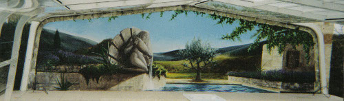 Trompel'oeil au bord de piscine 2000 peinture décorative représentant un paysage provençale avec fontaine