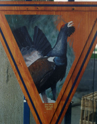 trompe l'oeil grand tetras, font-romeu 1994 peinture à l'huile de grand tetras sur bois